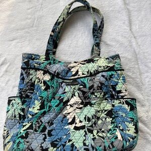 Vera Bradley Quilted Tote Bag Blue Green Floral Shoulder Bag Purse